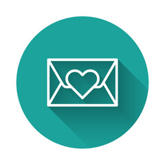 White line Envelope with Valentine heart icon isolated with long shadow background. Message love. Letter love and romance. Green circle button. Vector