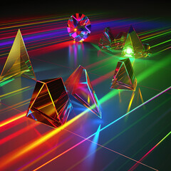 Refractions of multicolored laser beams through a glass prism - obrazy, fototapety, plakaty