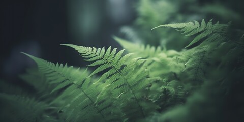 Fern leaves on abstract green natural background. pure wild nature, environment, ecology concept. summer forest landscape, midsummer holiday, sacred plant. copy space, generative ai