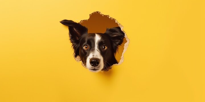 A Funny dog peeks out of a hole in the yellow wall. Doghouse in the wall. Banner with a pet. Copy space, generative ai