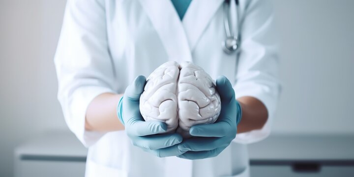 Doctor holding a brain model with both hands in concept of taking care the brain, Cognitive Rehabilitation, Dementia And Psychology Model, generative ai