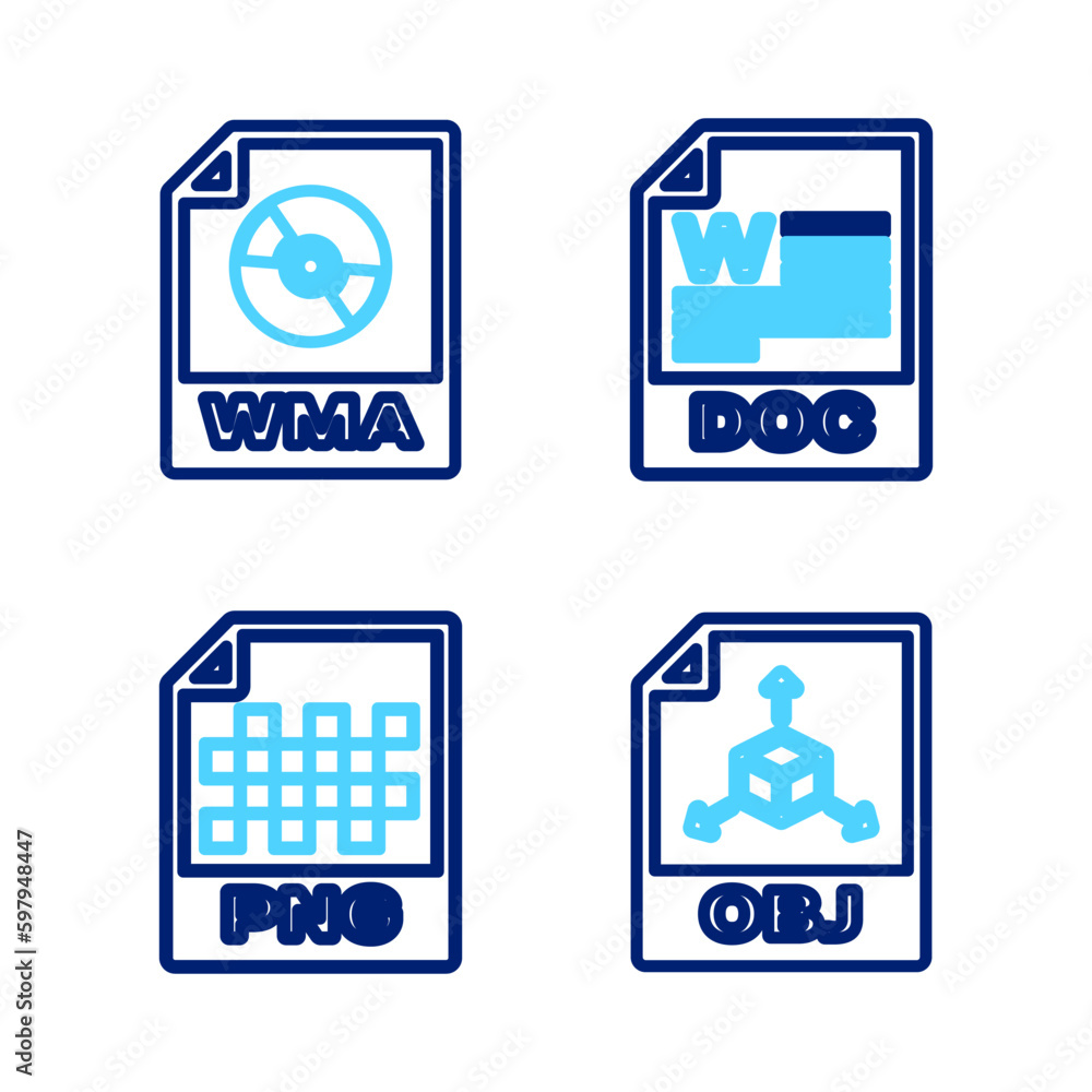 Poster set line obj file document, png, doc and wma icon. vector