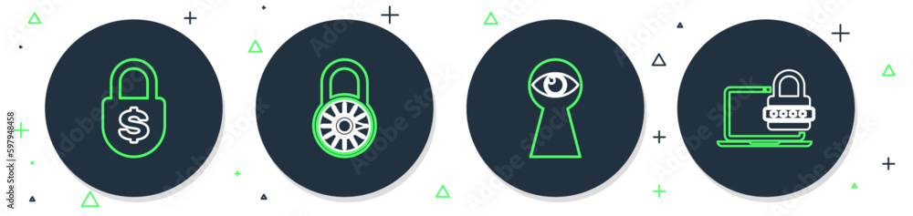 Sticker Set line Safe combination lock wheel, Keyhole with eye, Money and Laptop password icon. Vector