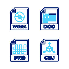 Set line OBJ file document, PNG, DOC and WMA icon. Vector