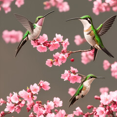 depicts a hummingbird indulging in sweet honey from a bright pink cherry blossom. a small branch with bright colors, cinematic image quality is mesmerizing AI-generated.