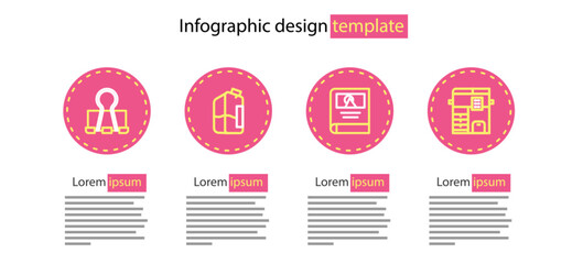 Set line Photo album gallery, Copy machine, Printer ink bottle and Binder clip icon. Vector