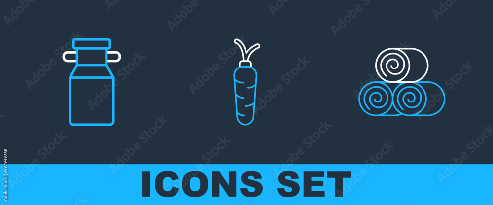Poster set line roll of hay, can container for milk and carrot icon. vector