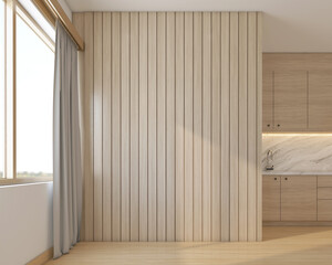 Modern japan style empty room decorated with wood slat wall and white wall, window and curtain. 3d rendering