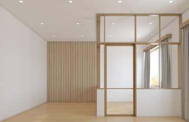 Modern japan style empty room decorated with glass and wood slat wall, white wall and wood floor. 3d rendering