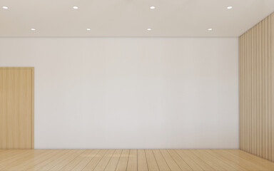 Empty room decorated with white wall and wood slat wall, wood door and wood floor. 3d rendering