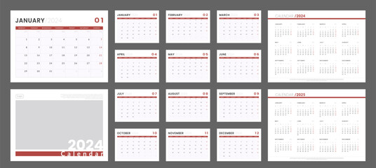 2024 - 2025 Calendar Planner Template. Vector layout of a wall or desk simple calendar with week start monday. Set of monthly, annual and cover page calendar in minimalist corporate design for print.