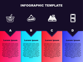 Set line Shopping basket, Hanging sign with Close, Cash register machine and Mobile and shopping cart. Business infographic template. Vector