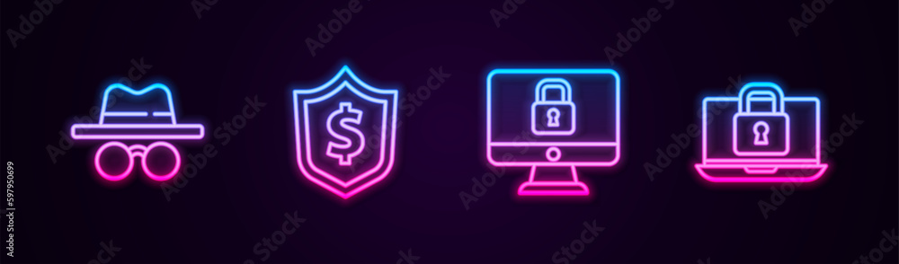 Poster set line incognito mode, shield with dollar, lock on computer monitor and laptop and lock. glowing n