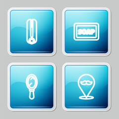 Set line Curling iron for hair, Bar of soap with foam, Hand mirror and Barbershop icon. Vector