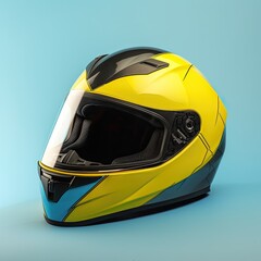 A bright yellow and black motorcycle helmet isolated on a light blue background. generative ai