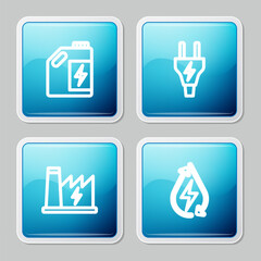 Set line Eco fuel canister, Electric plug, Nuclear power plant and Water energy icon. Vector
