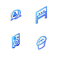 Set Isometric line BBQ brazier, Slice of pizza, Stereo speaker and Muffin icon. Vector