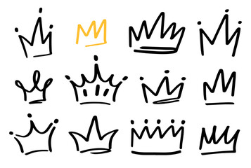 Various doodle crowns. Hand drawn vector set. All elements are isolated