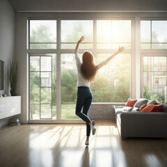 Fototapeta na wymiar Young woman wearing jeans dancing alone in a modern living room, generative ai