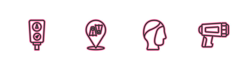 Set line Gauge scale, Diving hood, Flippers for swimming and Flashlight diver icon. Vector