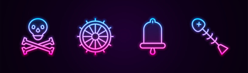 Set line Skull on crossbones, Ship steering wheel, bell and Dead fish. Glowing neon icon. Vector