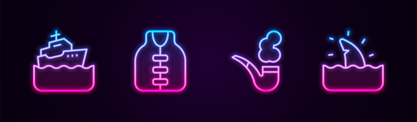 Set line Cruise ship, Life jacket, Smoking pipe and Shark fin ocean wave. Glowing neon icon. Vector