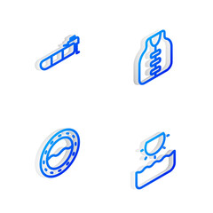 Set Isometric line Life jacket, Inflatable boat with motor, Ship porthole and Sun icon. Vector