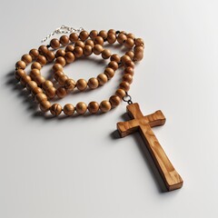 A simple wooden cross with a rosary draped over it isolated on a light grey background. generative ai