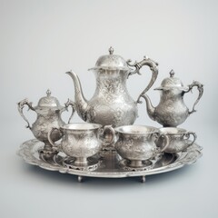 A vintage silver tea set with ornate floral patterns isolated on a light grey background. generative ai