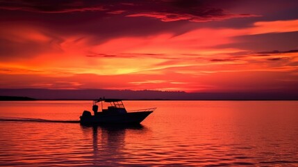 Fototapeta na wymiar boat sihouette, on the water, red sky generative ai