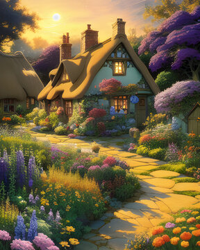 Cute house with cottage garden in the twilight. Generative AI.