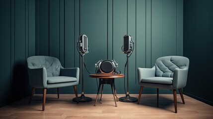 two chairs and microphones in podcast or interview room generative ai