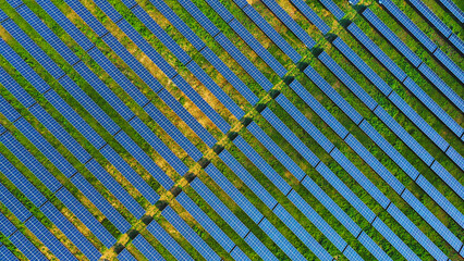 A top-down aerial view of rows of solar panels on an alternative electric farm. Rows of solar panels are installed on a huge field. Environment protection. Renewable alternative energy sources.