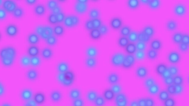 Soft small bubbles appear and disappear randomly. Abstract light blue and purple particles on magenta pink background. Defocused texture glowing circles. Marshmallow unicorn concept. Fantasy animation
