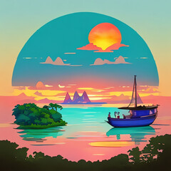 Naklejka premium 夕日と川に浮かぶ船 Generative AI