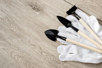 Small hand tools set for house gardening work, spades, rake and gloves on beige wooden background with copy space, home plants care and growing concept