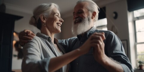 Keep moving. Romantic senior family couple wife and husband dancing to music together in living room. Happy life moments. Generative Ai.