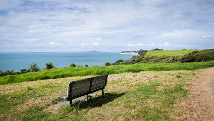Empty bench overlooking the view of Hauraki Gulf with Rangitoto Island in the distance. Long Bay Coastal Walkway. Auckland.