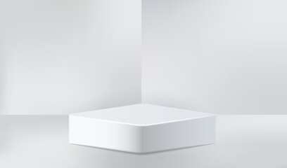 Podium platform display white and grey background. Empty room studio texture. Geometric wall vector design.