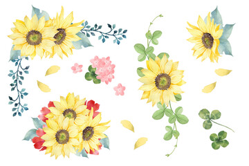 水彩で描いたヒマワリのブーケ、夏のデコレーションセット