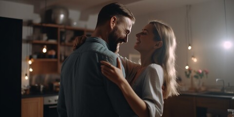 Life moments. Happy loving young couple dancing romantic dance on date in modern kitchen, smiling husband and wife celebrating anniversary. Generative Ai.