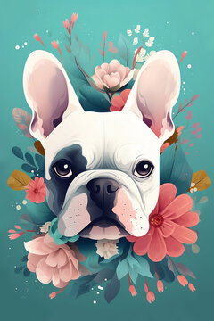 White French Bulldog dog  with flowers drawing. Generative AI illustration