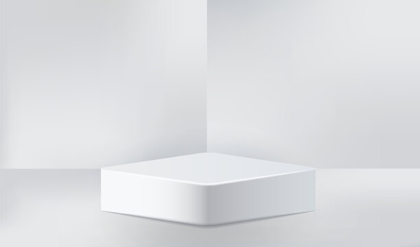 Podium Platform Display White And Grey Background. Empty Room Studio Texture. Geometric Wall Vector Design.