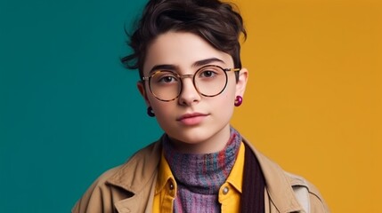 Non-binary adult teenager younger on color background. Generative ai. - obrazy, fototapety, plakaty
