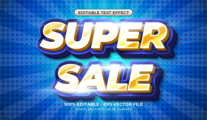 3d golden Super Sale text effect with retro sunburst background. Editable gradient bold text effect template