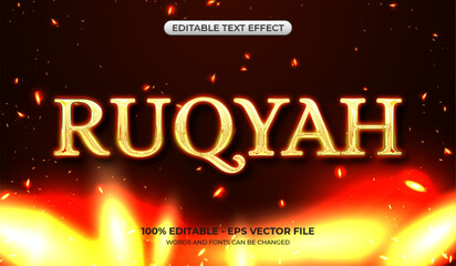 Ruqyah text effect with flames flying through the air. Editable golden text effect