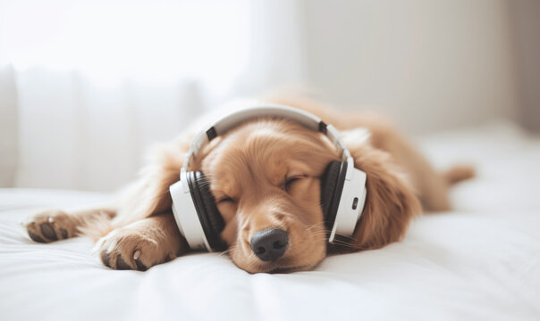 cute dog sleeping with listening to music, Generative ai