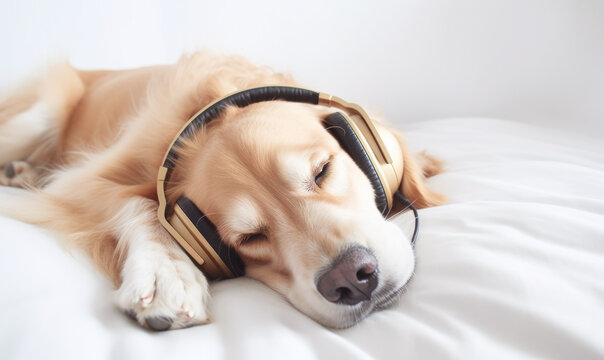 cute dog sleeping with listening to music, Generative ai