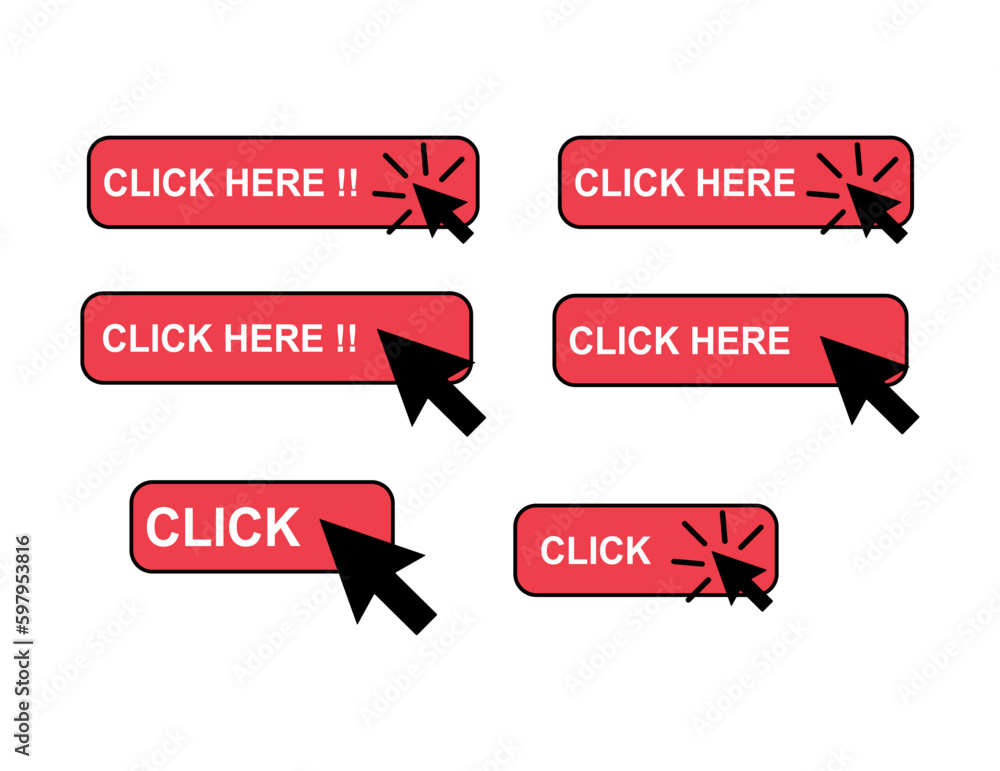 Aufkleber set of click here web button, internet flat pointer design, press link vector illustration