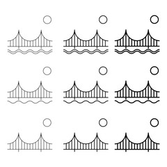 Set of Silhouette bridge icon, urban architecture design, travel line construction symbol vector illustration